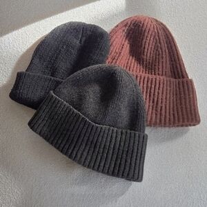 Beanie Bundle – 3 Ribbed Knit Hats (Black, Reddish Brown, Green) Neutral